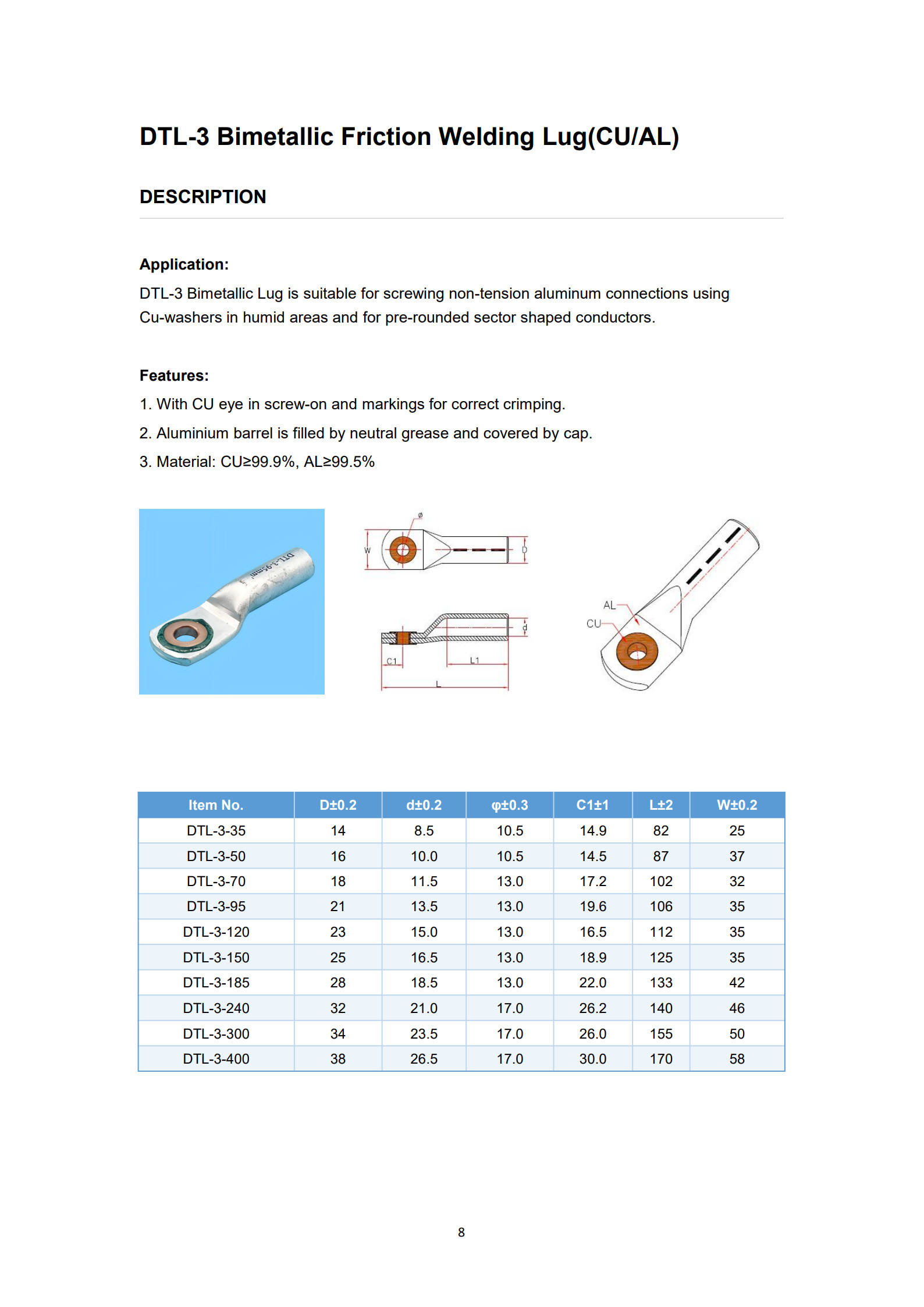 DTL-3 Bimetal Cable Lugs detail 1
